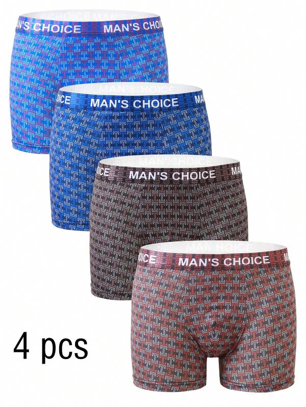 4-Piece Set Of Novel Pattern Letter Printed Men's Boxer Shorts, Made Of Polyester Fiber High Elasticity Fabric, Men's Underwear, Men's Boxer Underwear Soft And Skin Friendly, Men's Boxing Shorts Fashionable And Avant-Garde, Quick Drying, Mischievous And Cute, Suitable For All Seasons To Wear.