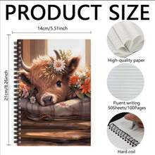 Cuaderno de espiral con vaca de las tierras altas de estilo Kawaii, 80 hojas | Diario estético con diseño floral de primavera y margaritas | Cuaderno lindo para mujeres y amantes de las vacas | Kit de scrapbooking con pegatinas y suministros de manualidades | Ideas de regalo para ella