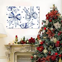 1Pc Solid Wood Frame Blue And White Floral Bow, Polka Dot Background, Hand-Drawn Illustration Style Theme Canvas Posters & Prints, Large Canvas Wall Art, 2D Flat, Easy Hang Tabletop Or Wall Display, For Halloween, Christmas Gifts, Bedroom, Living Room, Decoration Ready To Hang - Multicolor - View 2
