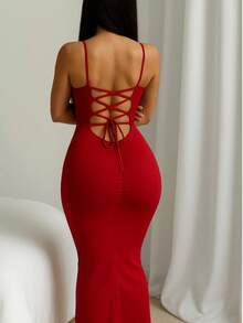 Vestido Suplex Longo Feminino Com Amarração nas Costas - Vermelho - Visão 3