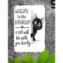 2D flache vintage schwarz-weiße Katzen Wandkunst - "Willkommen im Badezimmer" Lustiges Metallschild - Retro Katzen Design Badezimmer Dekoration - aus Metall gefertigte Metallplakette 32,5 cm
