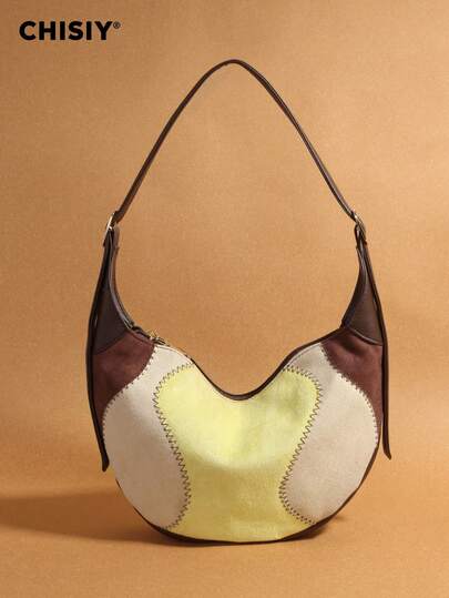 CHISIY Handmade Bologna Fashionable Patchwork Color Block Large Capacity Multi-Color Crescent Bag, Casual Business Women's Commuter Bag, Elegant Design Shopping Multipurpose Shoulder Bag, Suitable For Work, Commuting, Shopping, Travel, Autumn/Winter, Valentine's Day & New Year Gift