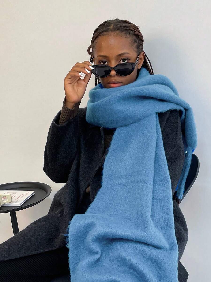 1件装女士蓬松长款冬季围巾，保暖颈部围脖，黑色超大加厚流苏披肩/毯子围巾，加厚针织流苏披肩，红色纯色围巾