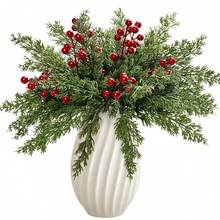 10/20Pcs Christmas Artificial Pine Branches With Red Berry Stems Faux Evergreen Norfolk Pine Cypress Leaves Stems- Fake Foliage Pine Needles Picks For DIY Craft Garland Home Decor.Artificial Holly Berries, Mini Fake Berries Decor Garlands, Home Vase Dining Table Holiday Patio Fireplace Decor Wedding Garden Farmhouse Table Mantel Decor, Artificial Flowers For Outdoors - Multicolor - View 1