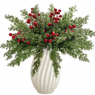 10/20 件装圣诞人造松枝，带红色浆果枝干，仿常绿诺福克松柏树叶枝干 - 人造树叶松针，适用于 DIY 工艺花环家居装饰。人造冬青浆果，迷你人造浆果装饰花环，家居花瓶餐桌节日露台壁炉装饰婚礼花园农舍餐桌壁炉架装饰，户外人造花卉