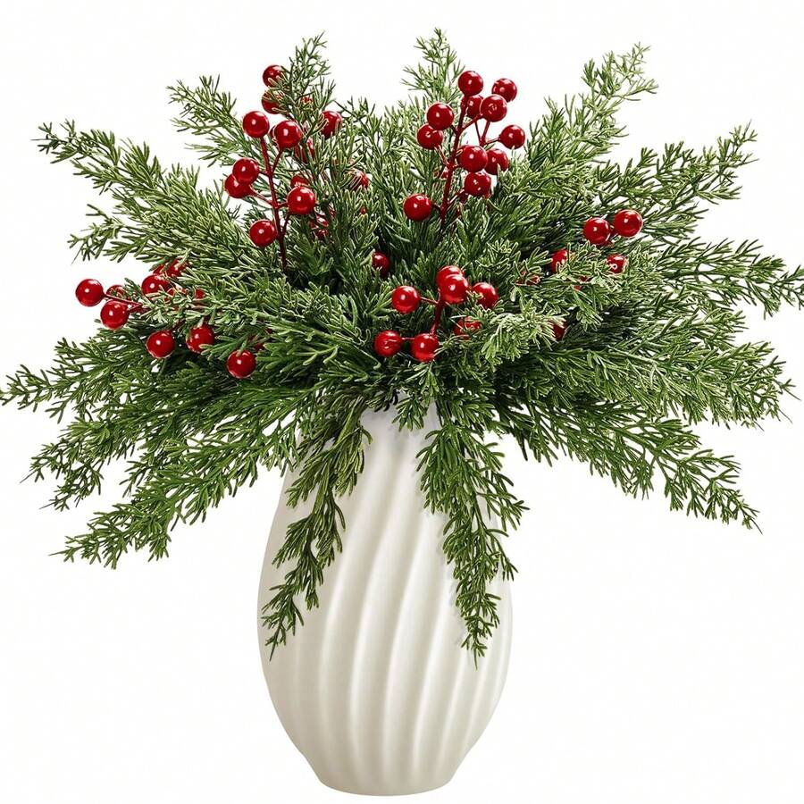 10/20Pcs Christmas Artificial Pine Branches With Red Berry Stems Faux Evergreen Norfolk Pine Cypress Leaves Stems- Fake Foliage Pine Needles Picks For DIY Craft Garland Home Decor.Artificial Holly Berries, Mini Fake Berries Decor Garlands, Home Vase Dining Table Holiday Patio Fireplace Decor Wedding Garden Farmhouse Table Mantel Decor, Artificial Flowers For Outdoors - Multicolor - View 1
