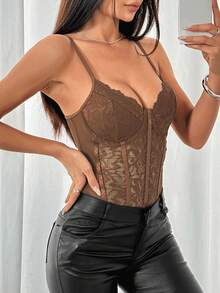 Bodysuit JSE Romantic dengan Hiasan Renda, Bodysuit Korset Tanpa Punggung Seksi Pas Badan - Coklat - View 4