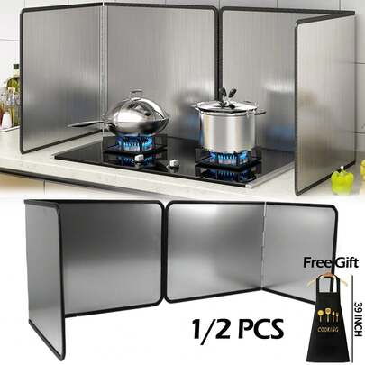 1/2 PCS Stainless Steel Greaseproof Splash Guard, Comes With Apron,Space-Saving Foldable Design For Stove Top, Induction, Oven - Easy To Clean Kitchen Splash Guards For Modern Kitchens, Cooking Protection, Sleek Finish, Durable Construction, Cooking Shield