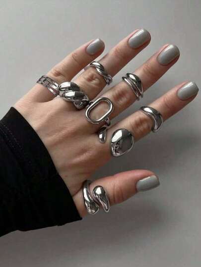 Set de 8 anillos anchos y exagerados de metal abierto, anillos geométricos asimétricos gruesos y lisos con capas para mujeres, accesorios para fiestas y festivales de música