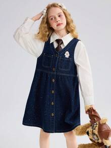 ASK JUNIOR 青少年女孩牛仔连衣裙，V领公主裙，无袖套头连衣裙，秋季校园风 - 藍色 - 查看 2