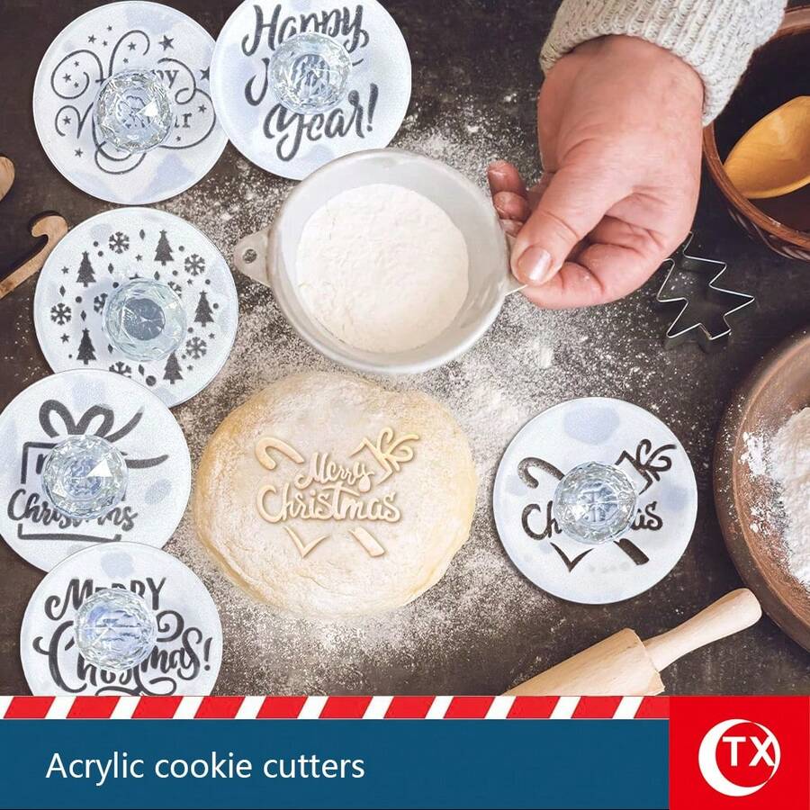 1/6pcs Elegant Acrylic Cookie Stamp Set, Includes "Merry Christmas" And "THANK YOU" Text Stamps, Christmas Tree And Gift Box Patterns, Multi-Functional Cookie And Cake Decorating Tool For Baking Enthusiasts, Suitable For Birthdays, Family Gatherings, Holiday Parties, And Personalized Treats For Christmas, Thanksgiving, Father's Day, Mother's Day, And Other Special Occasions