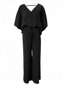 European And American - Style Solid - Color Casual Set, Batwing - Sleeve Deep V Top Paired With Drawstring High - Waisted Wide - Leg Pants, Comfortable And Stylish