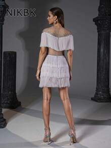 NIKBK Women's Glamorous Tassel Rhinestone Sexy Short Formal Cocktail Party Wedding Guest Dress, Proud Cocktail Party Dance Party Dress, Flattering Silhouette Spring - White - View 11