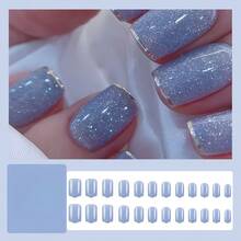 Best-Seller Starry Sparkling Light Blue Press On Nails |   Atmospheric French-Style, Minimalist, 24-Piece Set