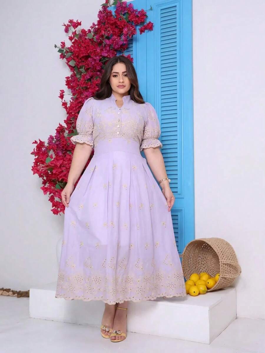 Elegant Midi Dress In 3D Embroidery, Lined, Princess Puff Sleeve, Ruffle Hem - Lilac Purple - View 1