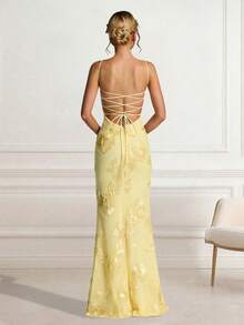 Women's Cream Yellow Shiny Floral Embroidered Elegant Sexy Party 3D Floral Backless Slip Dress For Evening Date, Anniversary, Graduation Party, Formal Gala - Yellow - View 3