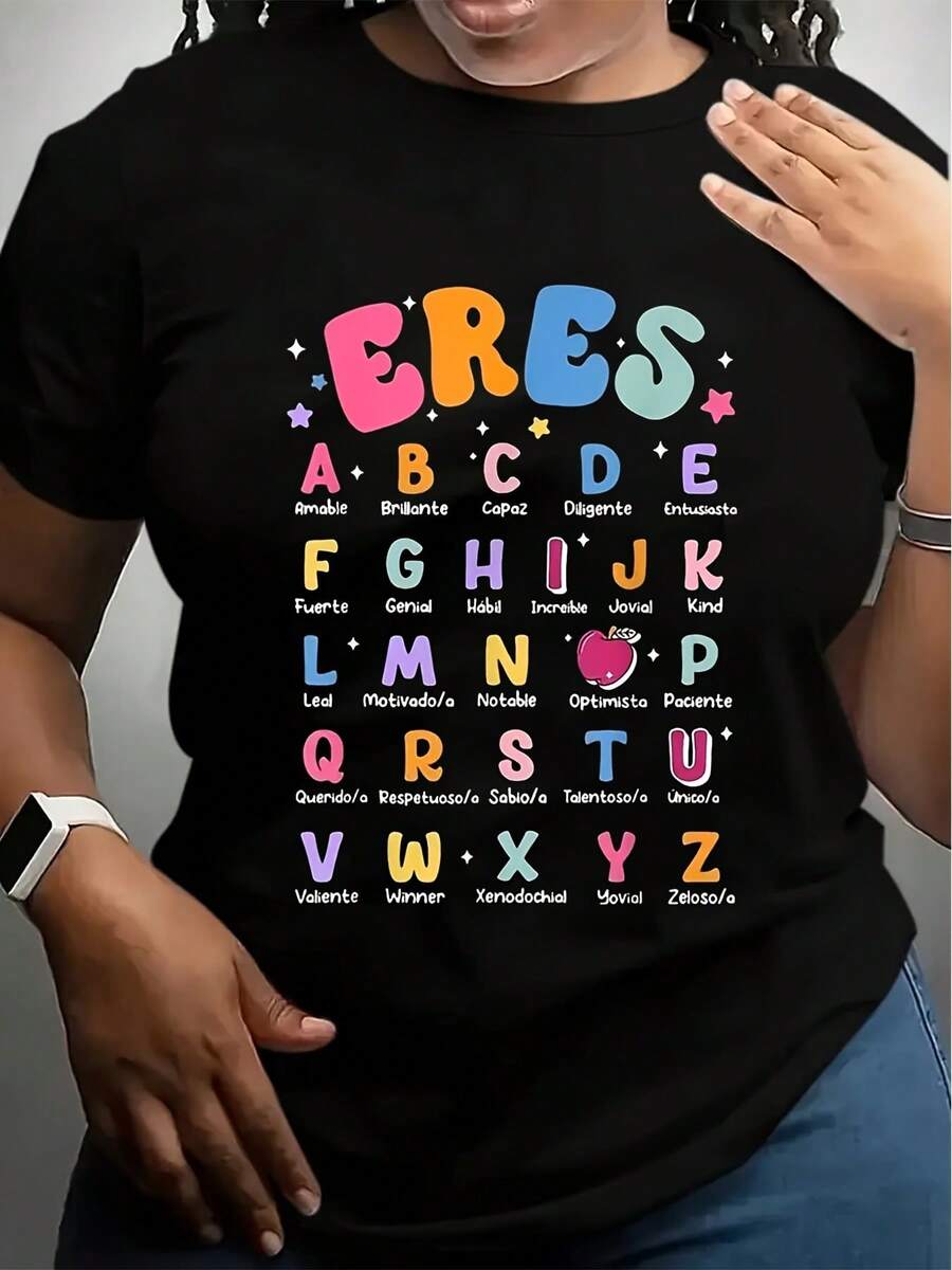 [Spanish Teacher T-Shirt] Maestra Women's Spanish Teacher Appreciation T-Shirt Colorful Bilingual ABCs & Phrases Design, Soft Stretch Polyester-Spandex Blend, Casual Round Neck Short Sleeve Top