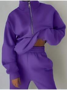 Women's Two-Piece Set Sweatshirt Fleece Sports Street Casual Fashion Outfit For Women - 紫色 - 查看 3