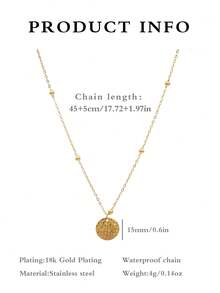 1pc 18k Gold Plating Stainless Steel Necklace With Hammered Round Pendant Necklace Minimalist Engraved Bumpy Round Coin Pendant Necklace Beaded Chain Necklace For Women - Necklace - View 8