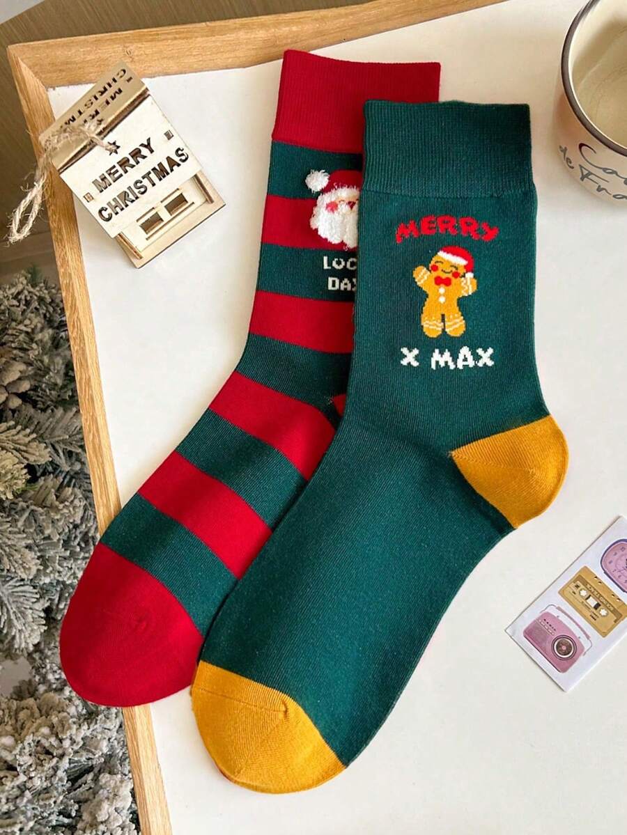 1 Pair/2 Pairs Men's Comfortable Casual Fashion Christmas Santa Claus & Gingerbread Man Pattern Mid-Calf Socks - Multicolor - View 1