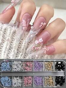 12pcs Cream Bow Nail Art Decorations, Cute White, Pink, Purple Bows With Bow Ribbons, Delicate French Style Nail Decor, DIY Rhinestone Nail Accessories, Nail Salon Supplies, Nail Art Jewelry, Nail Gems