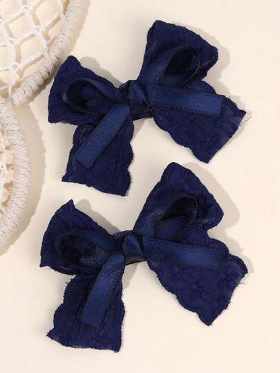 2pcs Navy Blue Girls Hair Clips, Navy Embroidered Flower Bow Hair Clips, Solid Color Satin Bow Alligator Clips, Girls Fabric Lace Bow Hair Clips, Wedding Party Hair Accessories, Baby Hair Decorations