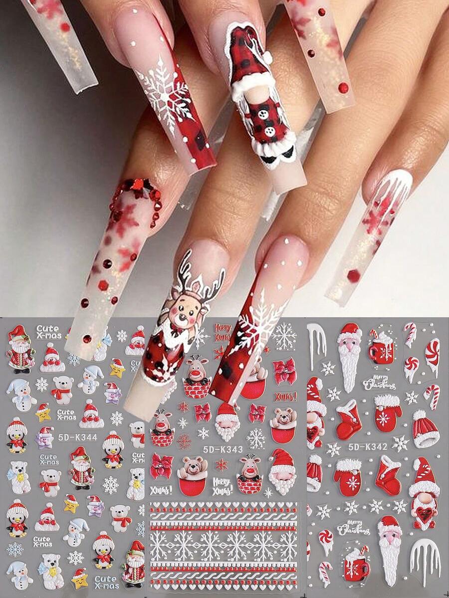 Cartoon Santa Claus Christmas Nail Stickers 5D Cute Elk Penguin Deer Winter Snowflake Snowman Bear Red White Striped Hats Gloves Christmas Design DIY Nail Decorations