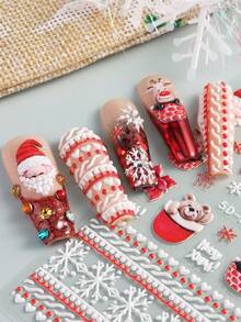 Cartoon Santa Claus Christmas Nail Stickers 5D Cute Elk Penguin Deer Winter Snowflake Snowman Bear Red White Striped Hats Gloves Christmas Design DIY Nail Decorations