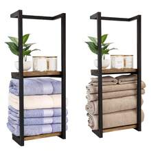 2PCS/1PC Bathroom Towel Rack With Shelves,2-Tier Wall-Mounted Towel Rack - Space-Saving Bathroom & Bedroom Storage Organizer With Wood & Metal Frame, Holds Towels, Candles, Cosmetics - Art Deco Style, No Electrical Needed, Towel Rack For Bathroom, Decorative Metal Frame, Elegant Wood Finish, Towel Racks Bathroom And Restroom Scene,Gift For Housewarming And Summer Back To School - 咖啡棕 - 查看 1