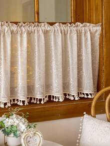 1 pièce Panneau de rideau à carreaux beige, rideau de style japonais pour café avec garniture à franges, rideau de cuisine à passant pour tringle, décoration de fenêtre pour salon et chambre à coucher, rideau de recouvrement d'armoire, décoration d'intérieur