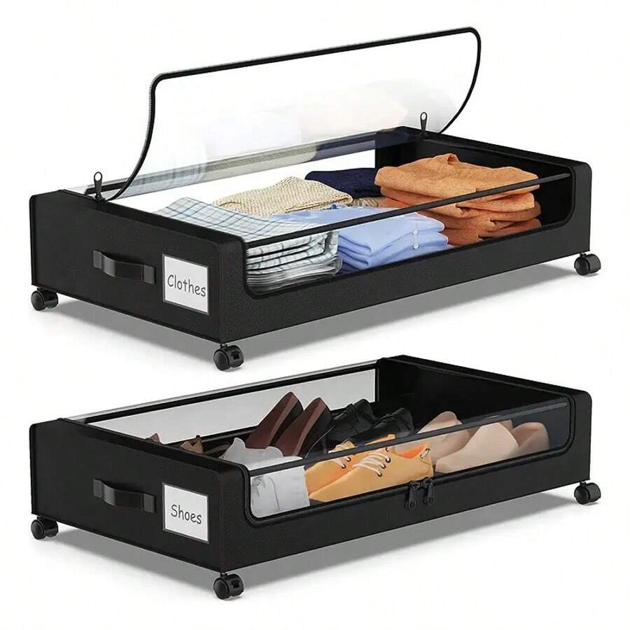 Stozle 1Pack/2Pack Under Bed Storage Boxes With Wheels, Large Capacity Fabric Organizer With Clear Lid & Handle, Multi-Compartment Design For Clothes, Shoes, Toys, And Books, Black, Home Organization | Classic Design | Sturdy Handle, Closet Organizers And Storage, Under-Bed Storage - 2 gói màu đen - Xem 1