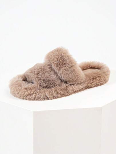 Women's Fashionable Plush Cross Strap Fluffy Slippers, Fluffy Soft Sole Comfortable Indoor Silent Shoes With Open Toe, Khaki Color Comfortable And Breathable Ladies Shoes