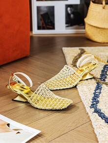 利基新款女士高跟凉鞋,适合派对、学院风、优雅、休闲、商务、街头、夜店、面料和网眼拼布设计,时尚女士高跟拖鞋,适合派对、办公室、家居、户外、夏季 - 金色 - 查看 4