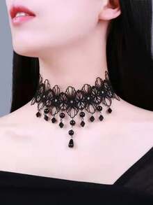 1pc Gothic Lace Collar Chain Black Crystal Tassel Necklace, Punk Chic Necklace Choker Suitable For Daily, Party, Street Wear - Black - View 5