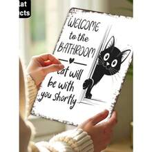 2D flache vintage schwarz-weiße Katzen Wandkunst - "Willkommen im Badezimmer" Lustiges Metallschild - Retro Katzen Design Badezimmer Dekoration - aus Metall gefertigte Metallplakette 32,5 cm