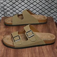 Adjustable Buckle Unisex Casual Slippers, Soft Cork Slide Sandals, Outdoor Beach Shoes, Suitable For Men And Women, Plus Size - Khaki - View 8
