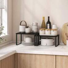 Kitchen Cabinet Organizer Shelf Set Of 4, Sturdy Kitchen Counter Shelves With Metal, Stackable Expandable Wood Spice Rack Pantry Cupboard Dish Mug Cup Storage Organizer Shelf, Rustic Brown - Black + 4 - View 3