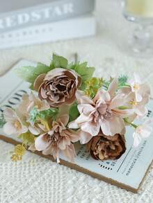 1/3/5PCS Artificial Peony Flowers 6-Head Silk Hydrangea Hibiscus Rose Bouquet For Wedding Decoration, Bride Holding Wrist Flower Material DIY Wreath Vase For Home, Outdoor Garden Decoration, Valentine's Day Gift, New Year Decoration - Brown - View 5