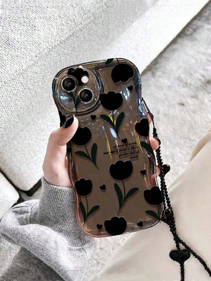 1 pieza Funda de teléfono con patrón de flor de tulipán y cordón compatible con iPhone 15/15Pro/15Plus/15Promax - Negro - Ver 1