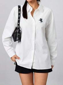 休闲百搭通勤前扣刺绣衬衫 - 白色 - 查看 1