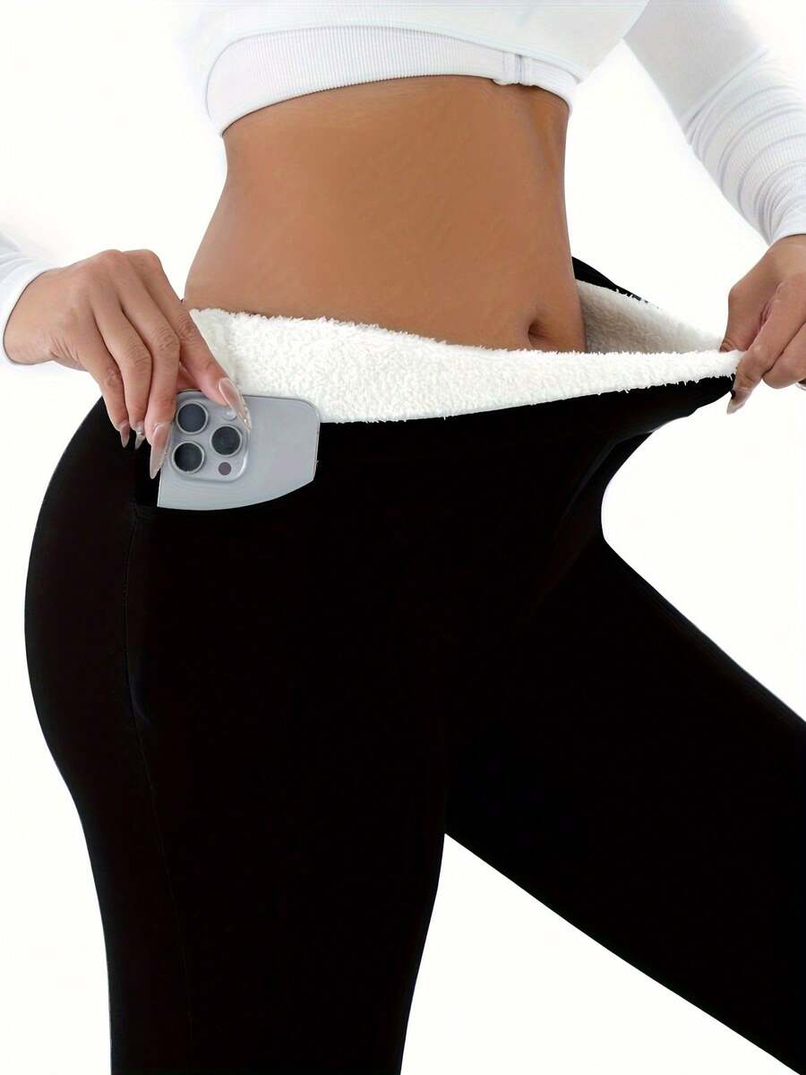 Women's High-Waist Fleece-Lined Leggings - Warm, Thick, Stretchy Pants For Cold Weather, Black, Soft Polyester Blend, Machine Washable, All-Season Comfort, High-Waist Leggings Buttery Soft Tummy Control Ultra-Soft Stretch Breathable Skin-Friendly Daily Casual High-Waisted  Lounge & Errands Stretchy Machine Washable High-Waisted Leggings - màu đen - Xem 1