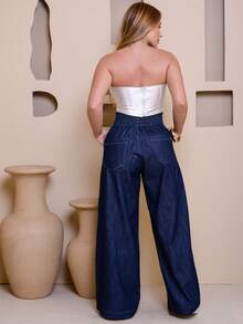 High Waisted Wide Leg Pants With Elastic Simple Casual Lightweight Fabric With Pocket - 深色水洗藍 - 查看 4