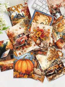 20pcs Autumn Fairy Tale Postcards, Harvest Season Greetings, Autumn Limited Edition, Warm Healing Pumpkin + Maple Leaves + Mushroom House, Comfortable Autumn Theme Booklet / Decoration / Greeting Card / Postcard, Thick Cardboard, Gift Series