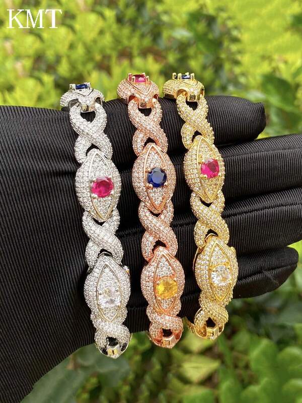 1 peça pulseira de olho infinito colorido com gelo para homens, joia de hip hop banhada a garras