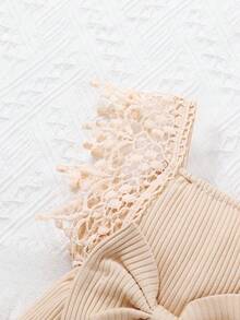 2pcs Set Casual Elegant Sweet Cute Baby Girl Romper, Soft Breathable, Solid Color Hollow Lace Tassel Trim Dress Bodysuit And Headband Set