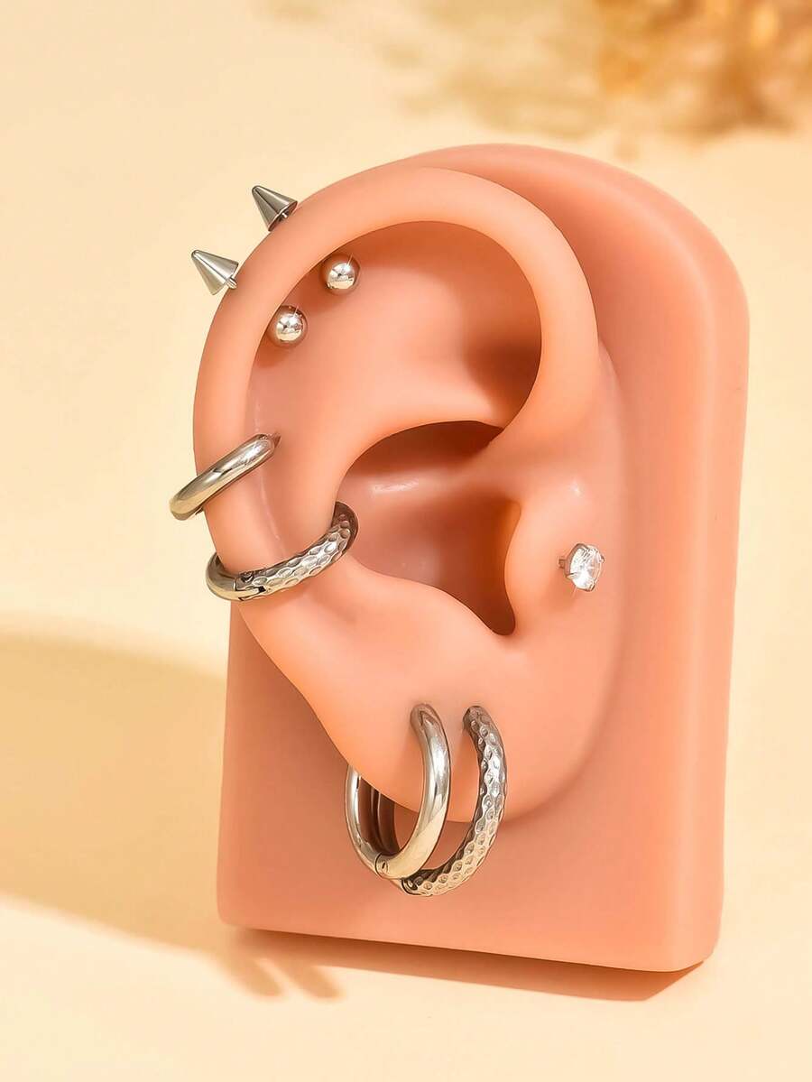 14pcs/7pcs Stainless Steel Smooth Snake Skin Shape Hoop Earrings Set And Ear Studs For Women, Dainty No Electroplating Huggie Hoop Earrings Tiny Flat Back Stud Earrings For Lobe Cartilage Helix For Multiple Piercing, 8mm/10mm/12mm/14mm Round Circle Stainless Steel Twisted Shape Small Hoop Earrings And Cartilage Stud Earrings Set - Set 4 - View 1