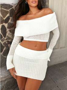 Spring And Autumn New Dating Casual Women's White Comfortable One-Shoulder Top Short Skirt Sweater Suit