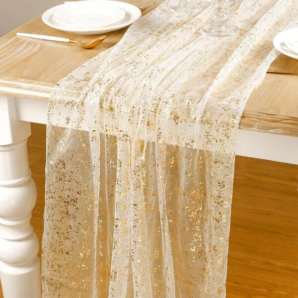 1 Piece Of Gold Glittery Transparent Table Runner, Metallic Mesh Fabric, Polyester Rectangular Glitter Tablecloth/Table Runner, For Birthday, Wedding, Party Decoration, Baby Shower, Home Decor, Party Supplies, Birthday Party Decorations, Christmas Table Decoration