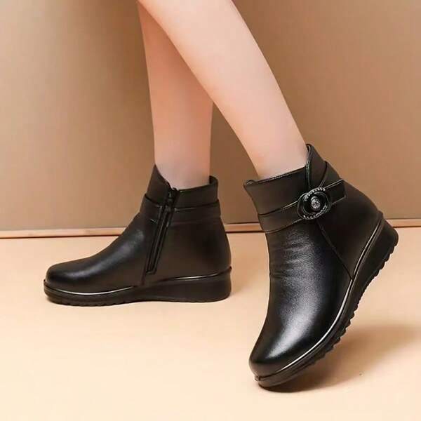 Women's Thermal Lined Short Boots, Casual Sports Shoes, Non-Slip Mother Shoes, Flat Heel Mid-Calf Warm Black Boots, Autumn/Winter