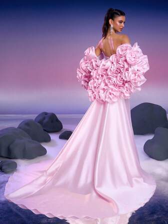 שמלת ערב רשמית אלגנטית ויוקרתית מעוטרת ביד של Anymoon, שמלת כלה עם זנב נגרר, מתאימה לאירועים רשמיים, מסיבות ואירועי חתונה